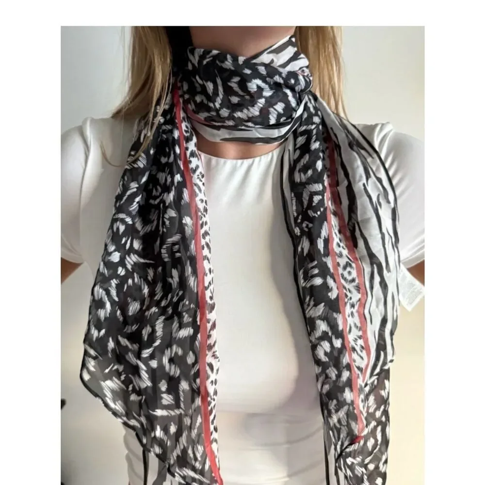 Cabi Fable 100% Silk Scarf Black and White Animal Print Scarf #4030 New
